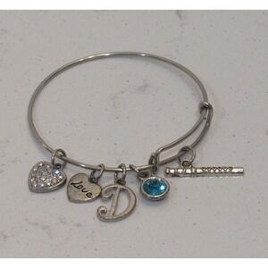 Expandable Bangle Bracelet Initial D Blue‎ Rhinestone Flute Heart Love Boho Chic